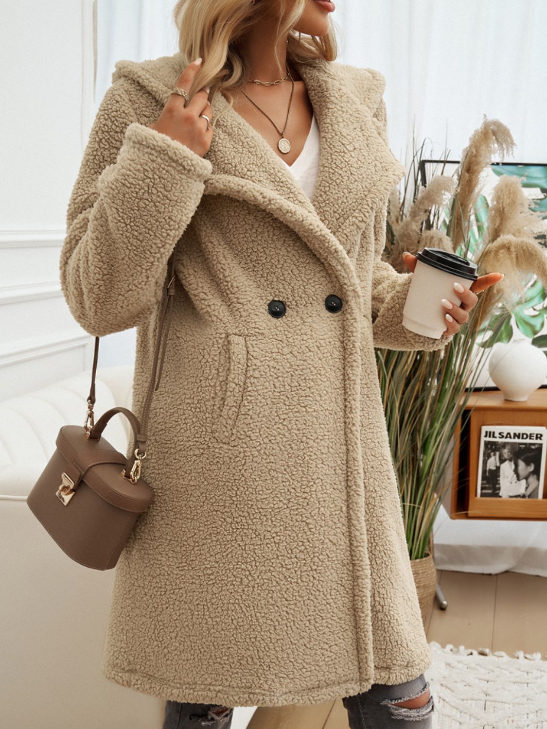 Camel teddy hooded cocoon coat with double-breasted closure and pockets