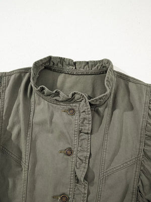 Ruffled denim vest in olive green with button closure and ruffled neckline detail.