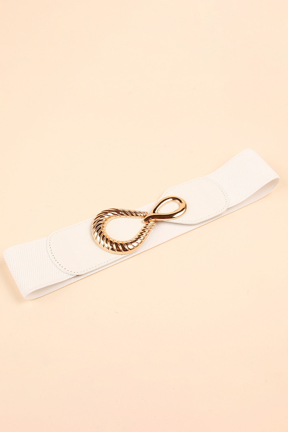White elasticated waist belt with sculpted gold buckle detail