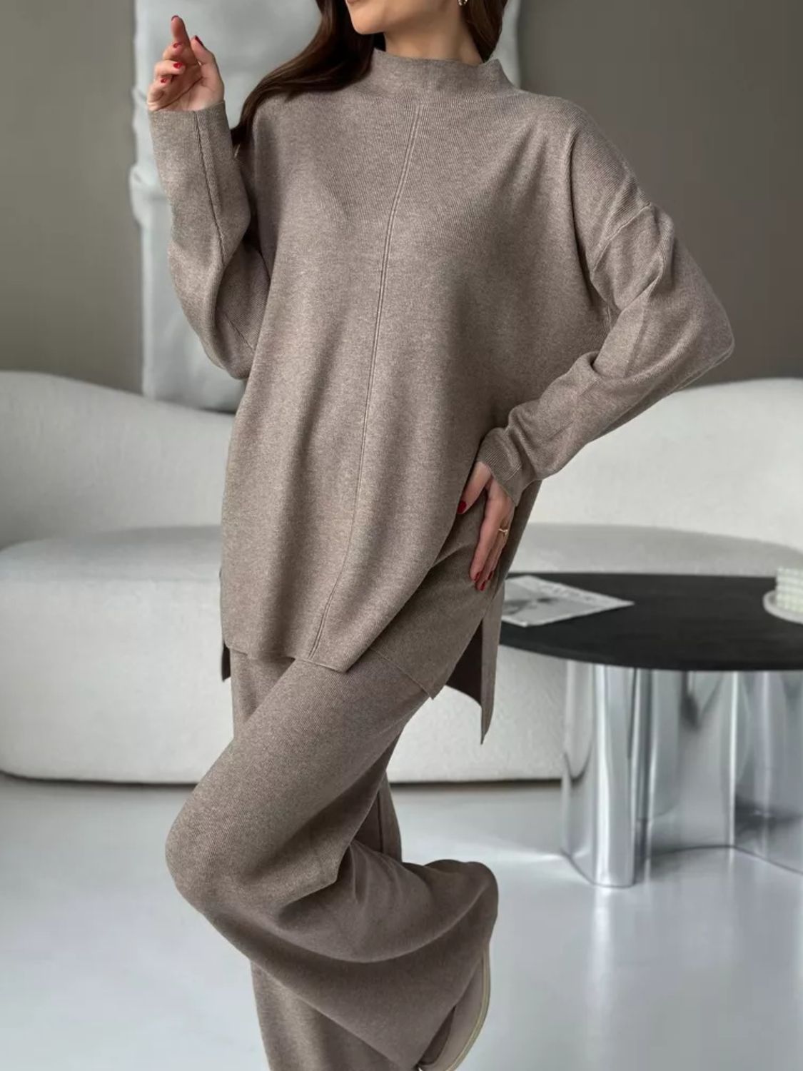 Relaxed fit knit co-ord set in mocha acrylic with mock neck and wide leg pants.