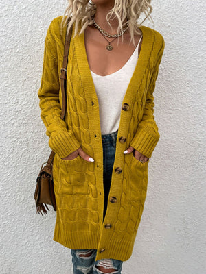 Mustard yellow cable knit button-down cardigan with pockets