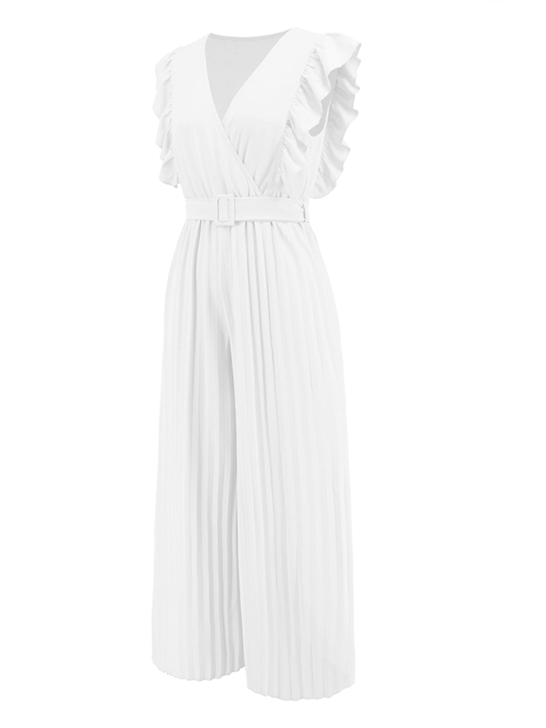 White pleated ruffle wrap jumpsuit with belt