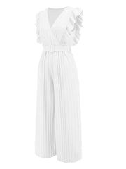 White pleated ruffle wrap jumpsuit with belt