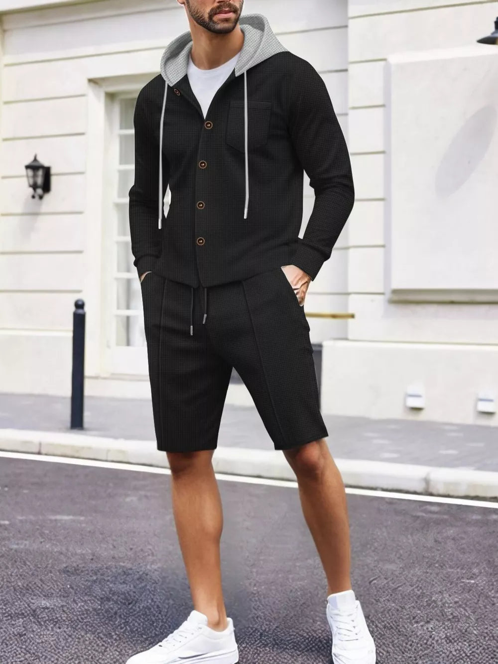 Men's Casual Hooded Button-up Shirt And Shorts Set, fabric detail