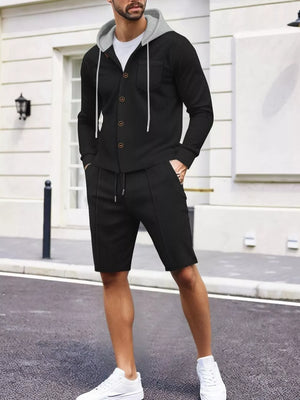 Men's Casual Hooded Button-up Shirt And Shorts Set, fabric detail