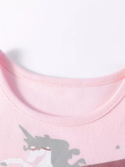 Pink cotton toddler dress with a glitter unicorn print and crew neck.