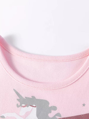 Pink cotton toddler dress with a glitter unicorn print and crew neck.