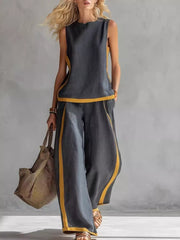 Dark Gray sleeveless tank and wide-leg pants set with yellow trim.