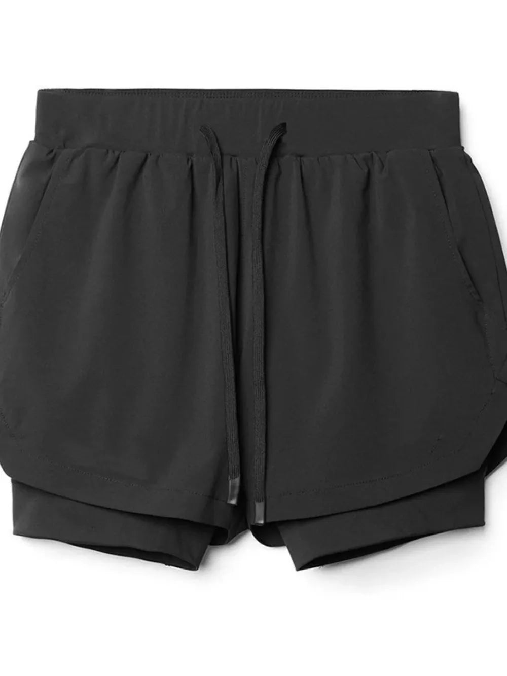 Black layered performance shorts with drawstring and perforated panels.