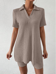 Textured ribbed polo shirt and shorts co-ord set in mocha, featuring a v-neck and short sleeves.