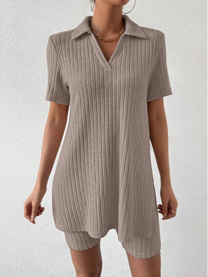 Textured ribbed polo shirt and shorts co-ord set in mocha, featuring a v-neck and short sleeves.