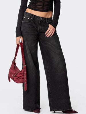 Black wide leg denim jeans with button fly and ankle length.