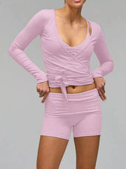 Pink ruched long sleeve wrap top and ribbed shorts set