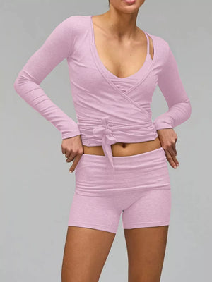 Pink ruched long sleeve wrap top and ribbed shorts set