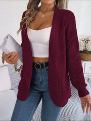 Wine textured knit open-front cocoon cardigan with pockets.