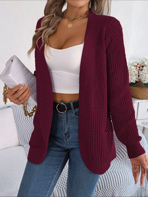 Wine textured knit open-front cocoon cardigan with pockets.