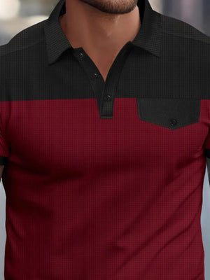 Burgundy and black waffle knit polo shirt with a chest pocket detail.