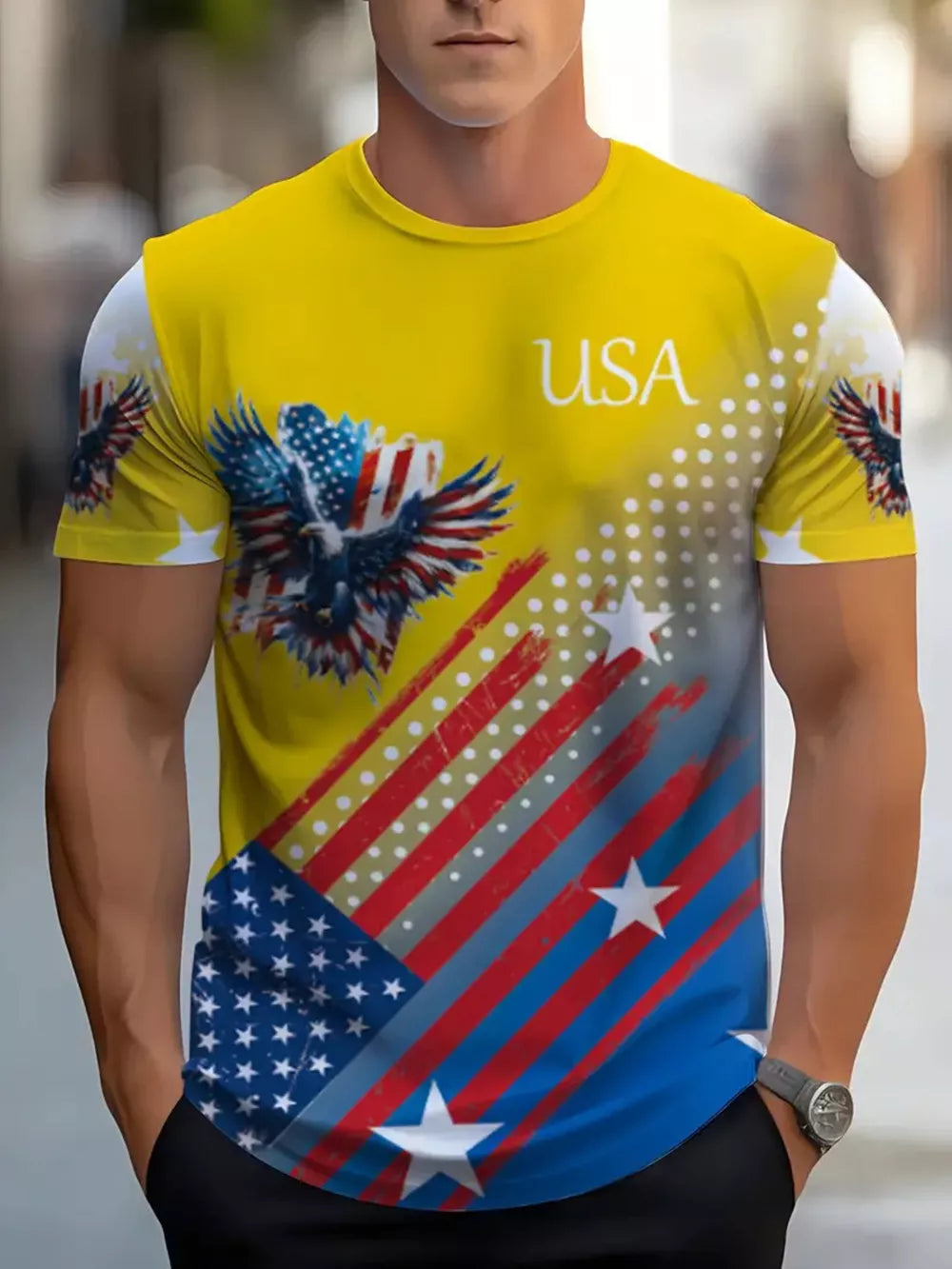 Men's Patriotic Eagle Usa Graphic T-shirt Plus Size, model styling view