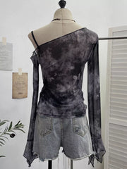 Edgy asymmetrical mesh t-shirt in gray black with butterfly print and cutout detail.