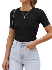 Black ribbed crew neck fitted tee with short sleeves, styled with light wash jeans.