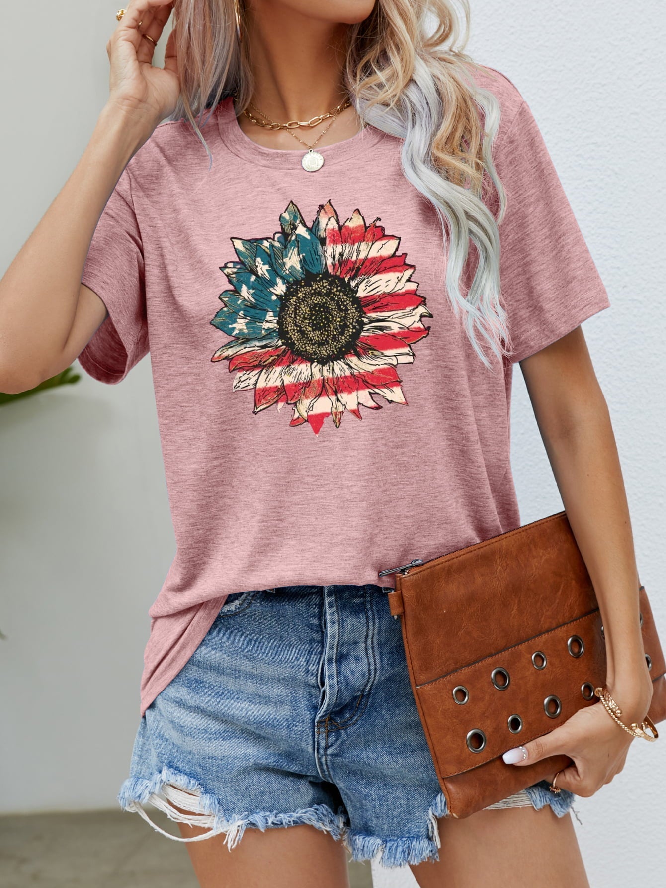 Dusty Pink graphic tee with American flag sunflower print, crew neck, short sleeves.