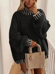 Contrast Trim Chunky Knit Sweater in Black, front view
