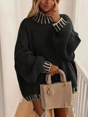Contrast Trim Chunky Knit Sweater in Black, front view