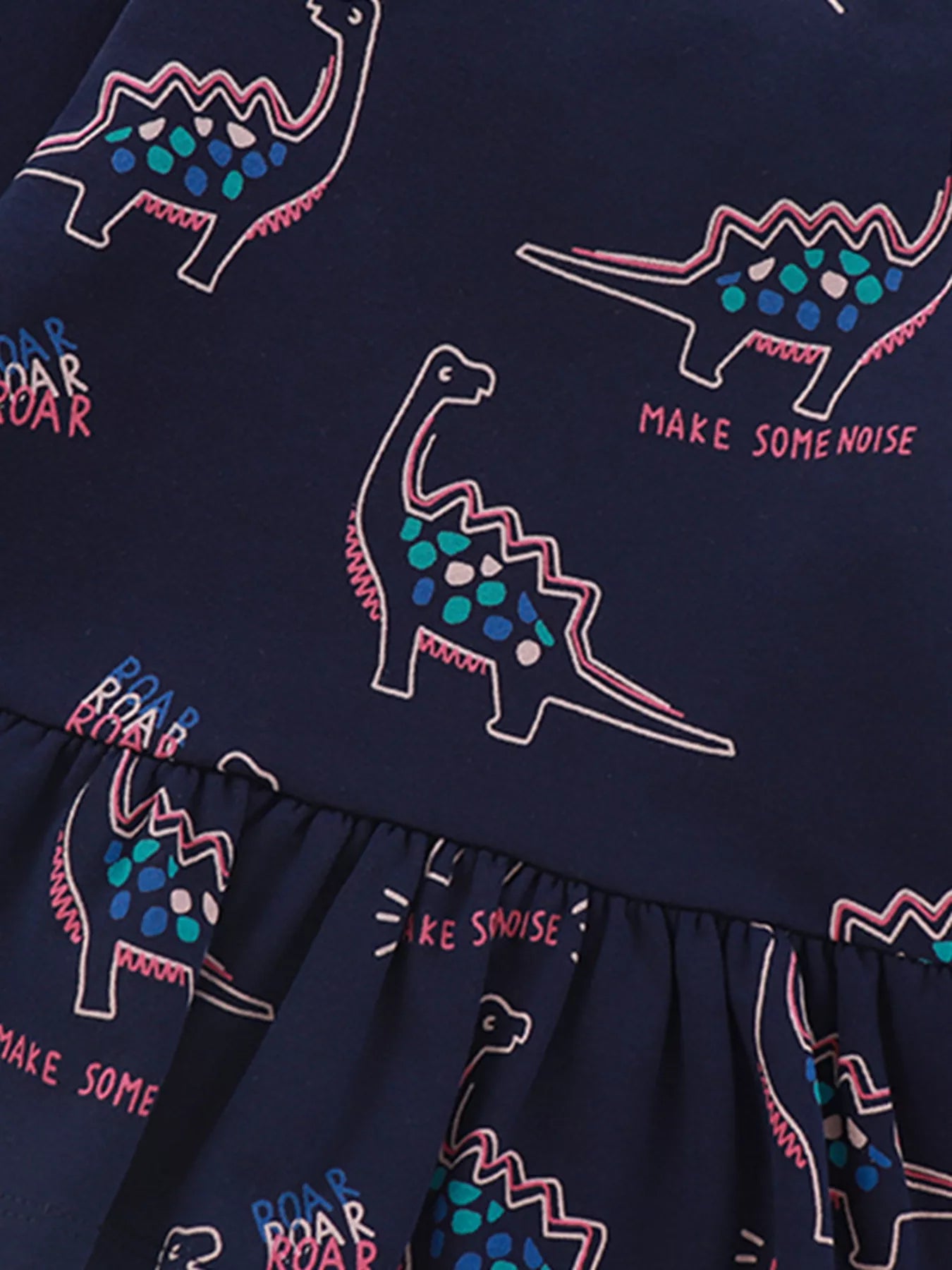 Dark navy cotton sweatshirt with dinosaur print and ruffled hem.