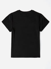 Black polyester t-shirt with crew neck and short sleeves.