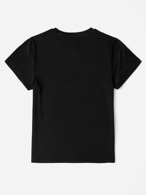 Black polyester t-shirt with crew neck and short sleeves.