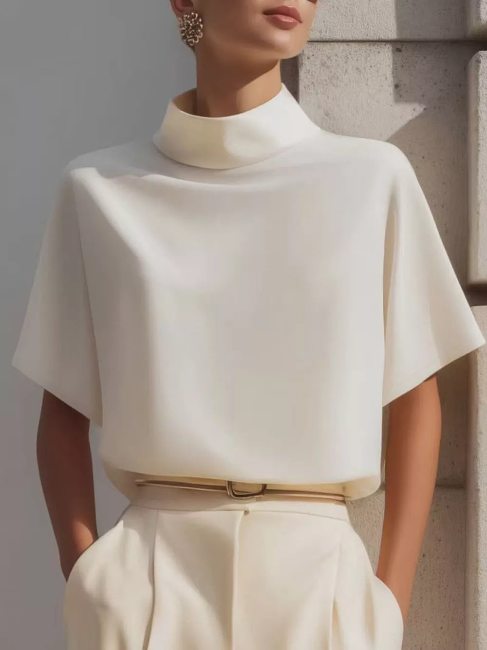 White polyester mock neck t-shirt with relaxed sleeves, styled with trousers.