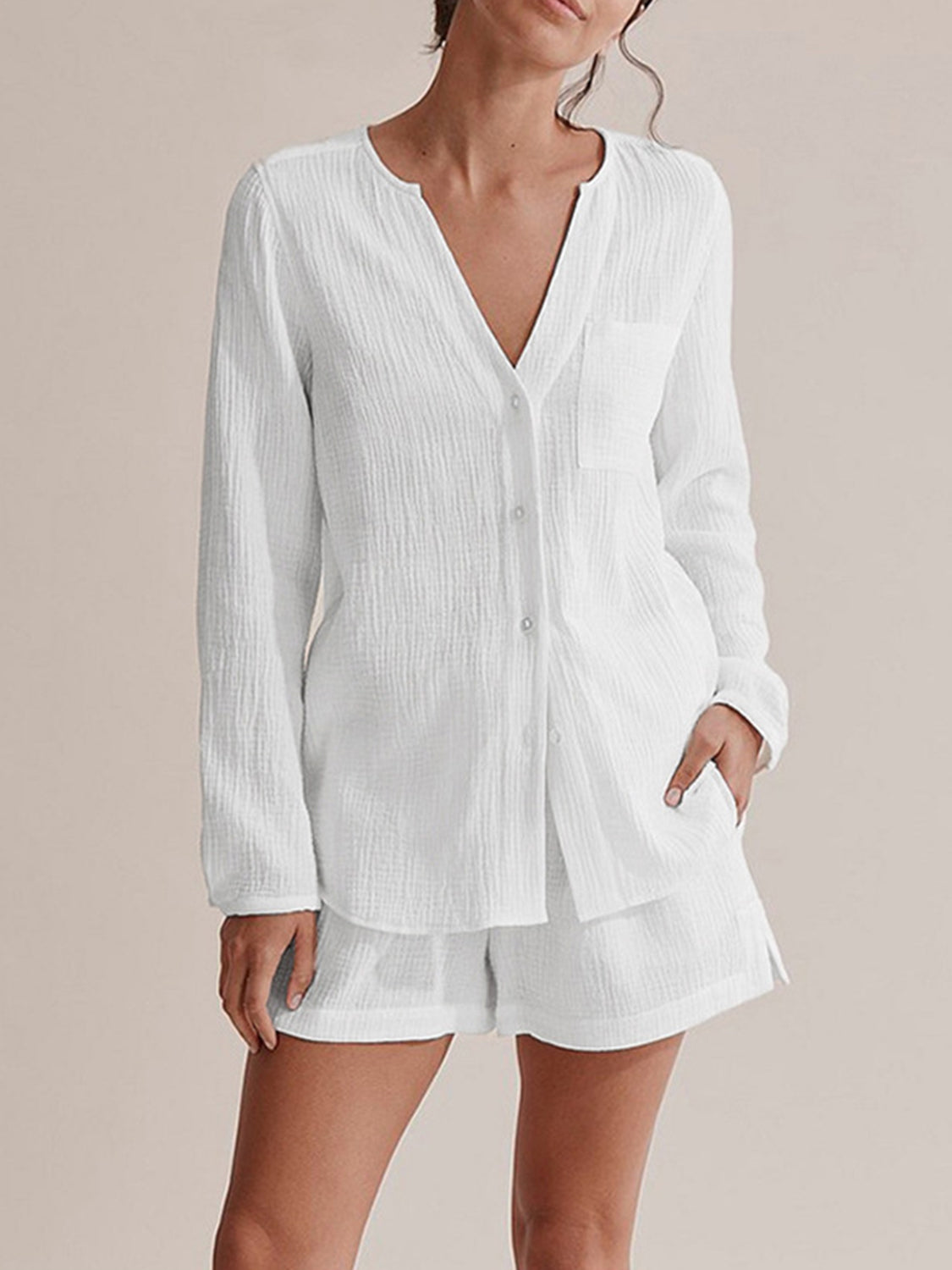White textured cotton pajama set with button-up top and shorts