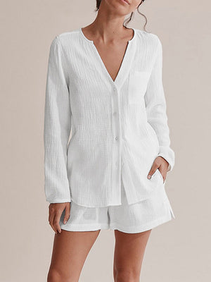 White textured cotton pajama set with button-up top and shorts