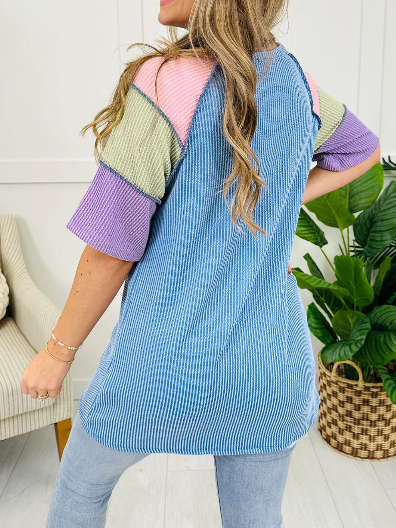 Color block patchwork henley t-shirt with waffle knit texture and striped blue body.