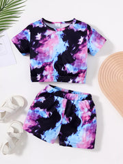 Toddler girls' tie-dye two-piece set with a short-sleeve top and elastic-waist shorts.