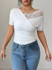 Elegant Lace Trim Asymmetrical Top in White, front view