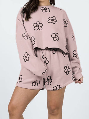 Dusty Pink floral loungewear set with cropped sweatshirt and shorts.
