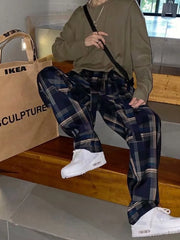 Men's Plus Size Plaid Relaxed Fit Pants in Black, front view