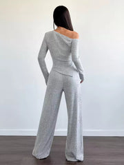 Chic One-shoulder Asymmetrical Top & Wide-leg Pants Set in Burgundy, product detail
