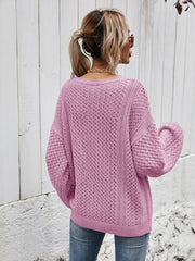 Open-knit sweater in Moonlit Mauve with balloon sleeves and a relaxed fit.