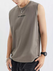 Men's sand ash cotton blend round neck tank top with black graphic text.