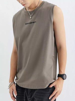 Men's sand ash cotton blend round neck tank top with black graphic text.