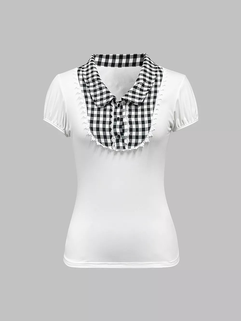 White maternity shirt with black gingham collar, lace trim, and decorative buttons.