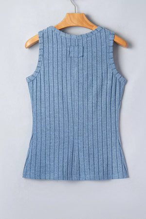 Textured blue ribbed slim-fit tank top with a square detail on the back.
