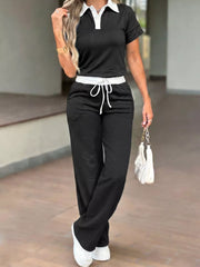 Contrast Polo Collar Top And Pants Set in Black, front view