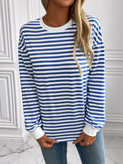 Horizontal stripe crewneck sweatshirt in royal blue and white with white cuffs.
