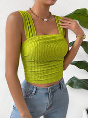 Textured crinkle strap crop top in yellow-green with ruched detail