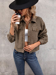Taupe houndstooth cropped shacket with patch pockets and collared neckline.