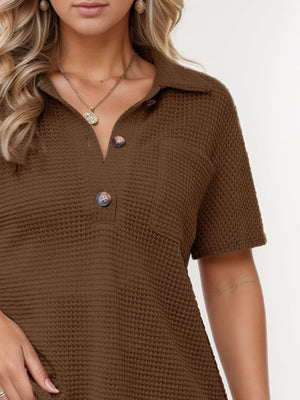 Brown waffle knit polo shirt with button detail and short sleeves