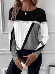 Geometric panel long sleeve t-shirt in black, white, and gray with chevron detail.